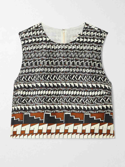 Geometrische Print Satijnen Crop Top & Midi Rok Twee-delige Set