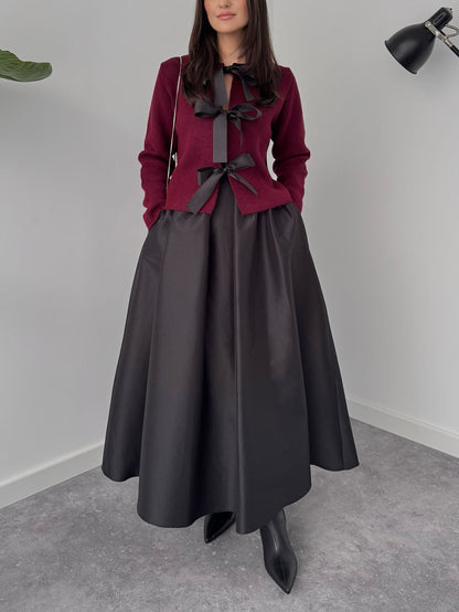 Elegante Boog-Breikardigan En A-Lijn Maxi Rok Set