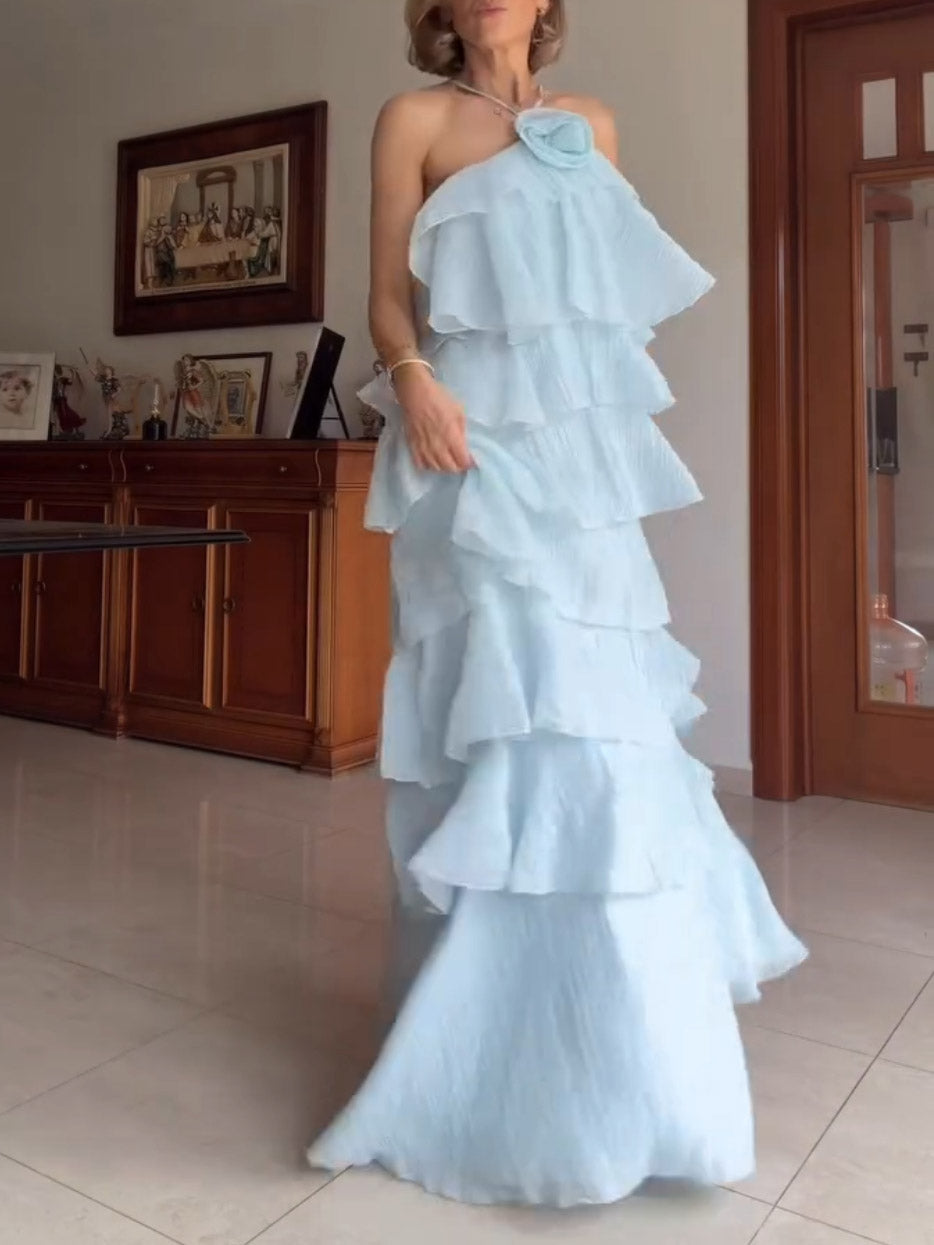 Elegante Gelaagde Rimpel Halter Maxi Jurk