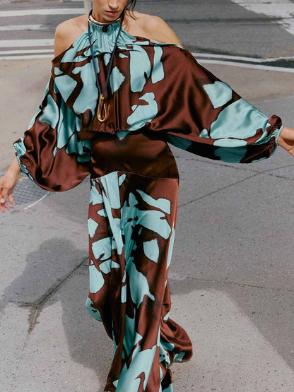Elegante Off-Shoulder Abstract Print Maxi Jurk