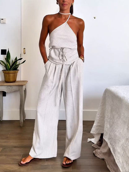 Casual Gestreepte Print Lace-up Tanktop Brede Pantalon Twee-delig Set