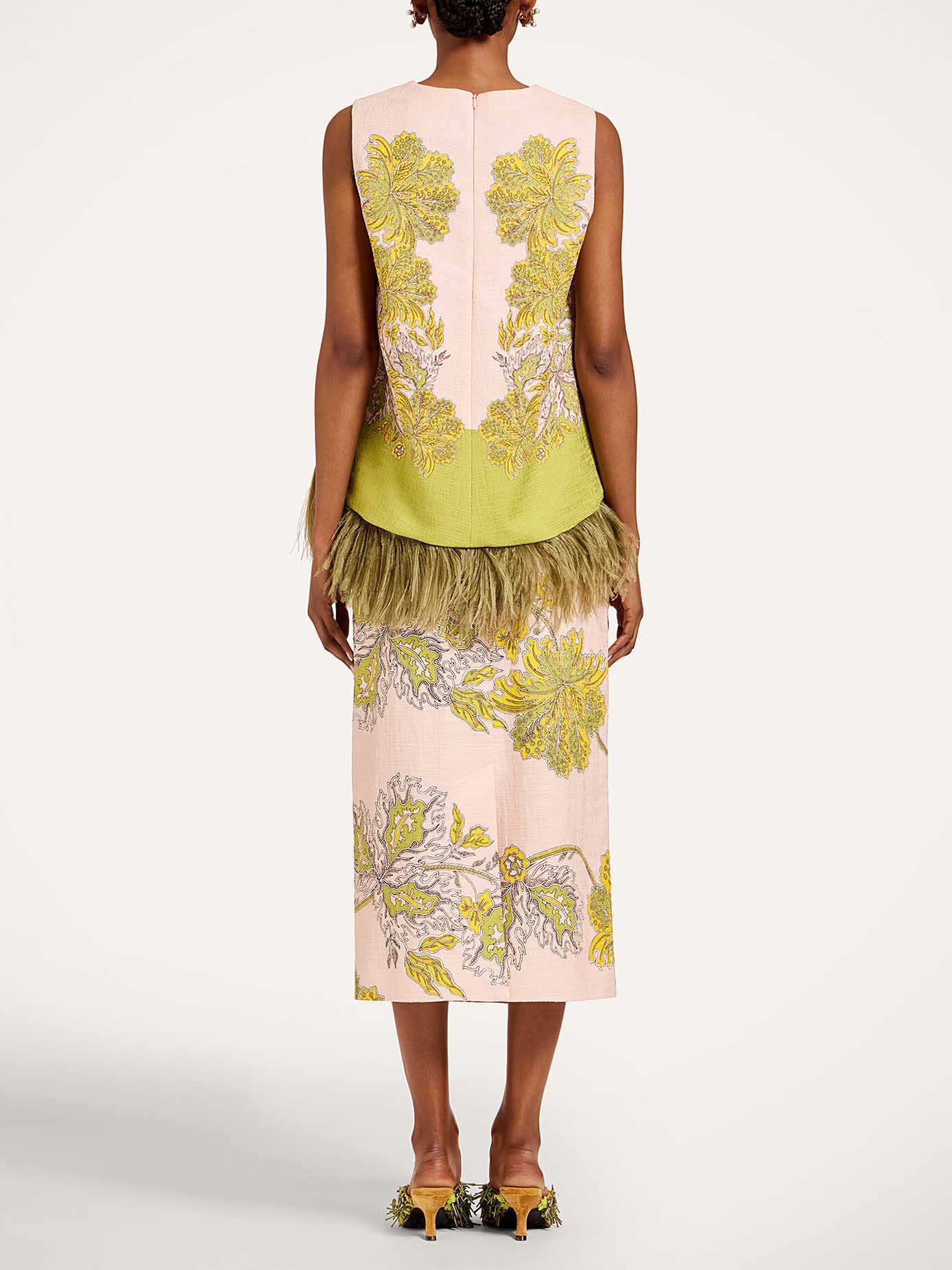 Feather Trim Top & Midi Rok Twee-Delige Set