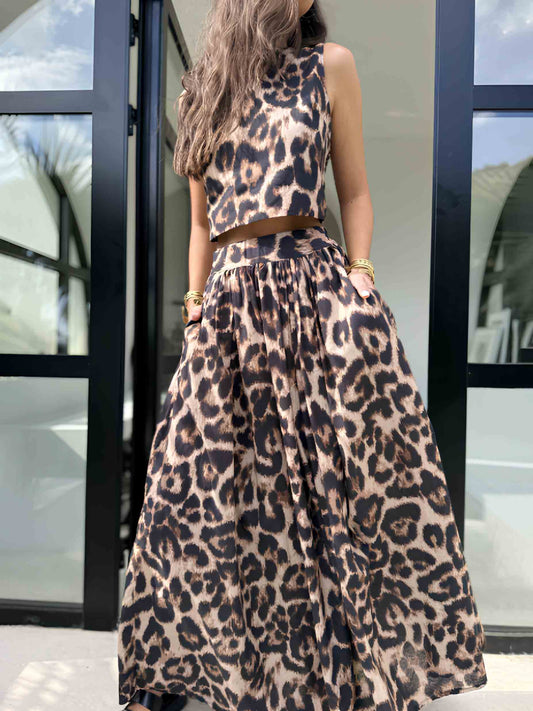 Bohemian Luipaardprint Mouwloze Top & Vloeiende Maxi Rok Set