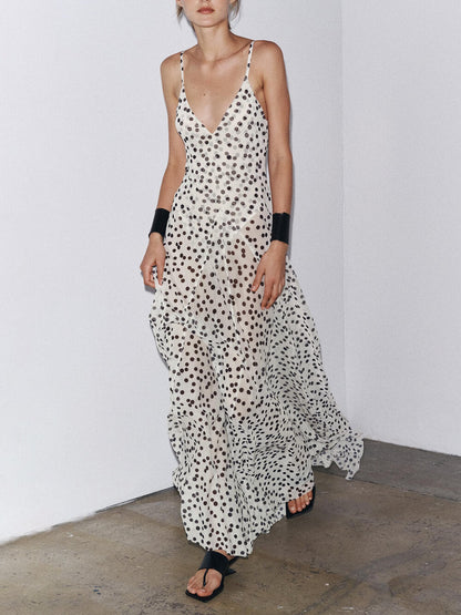 Elegante Polka Dot Print V-Hals Spaghetti Band Flounce Hem Maxi Jurk