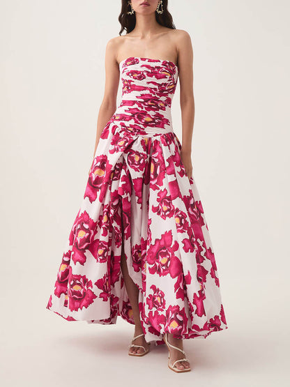 Elegant Perfect Moment Bloem Off-Shoulder Gerimpelde Bodice Drapé Bubble Hem Maxi Jurk