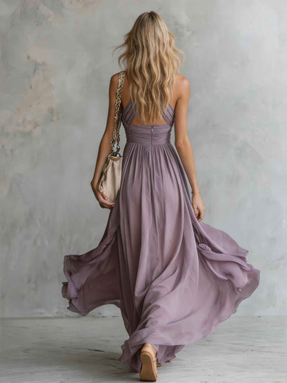 Elegante Rimpel Halter Nek Vloeiende Maxi Jurk
