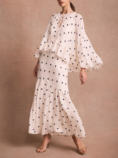 Elegante Polka Dot Ruffle Gelaagde Chiffon Cape Maxi Jurk