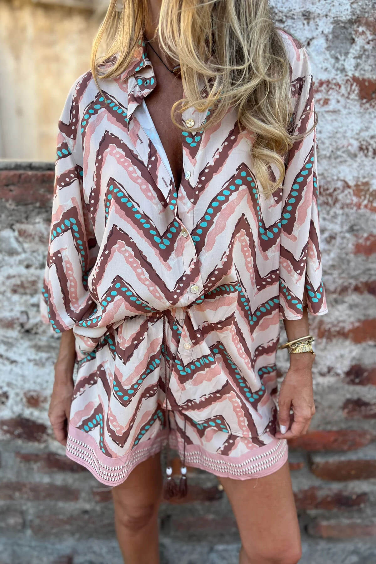 Exquise Golfprint Overhemd met Kraag en Korte Broek met Elastische Taille Set