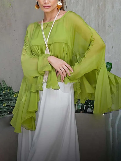 Elegante Romantische Reis Chiffon Ruffle Batwing Mouw Top