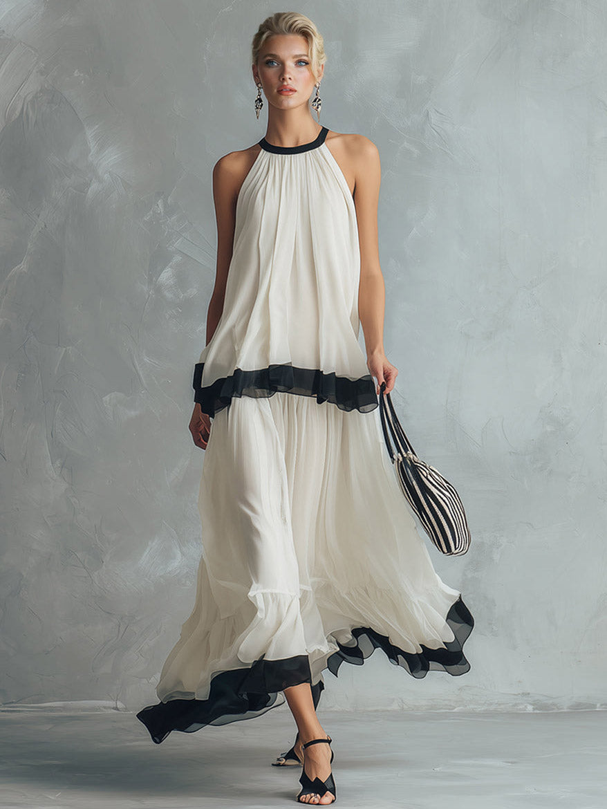 Elegante Chiffon Rugloze Cami Top & Maxi Rok Set