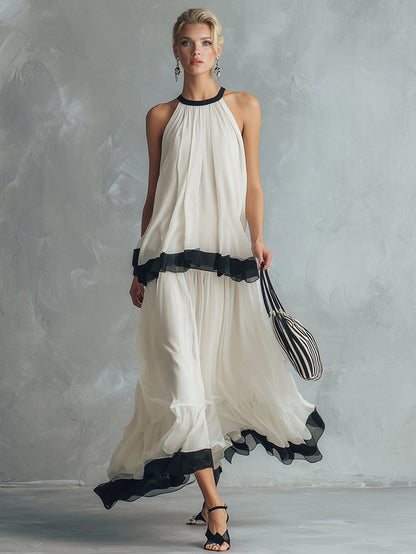 Elegante Chiffon Rugloze Cami Top & Maxi Rok Set
