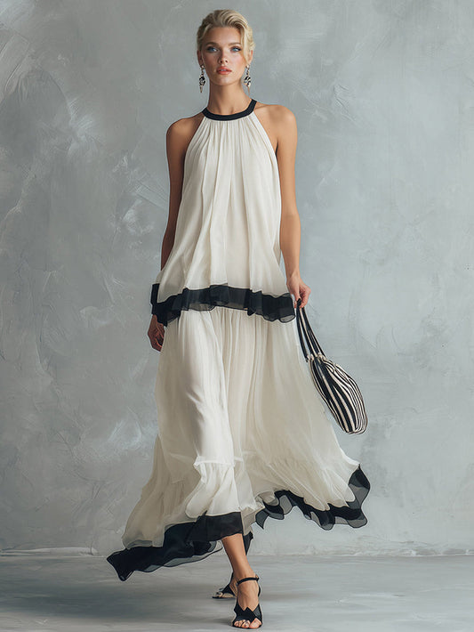 Elegante Chiffon Rugloze Cami Top & Maxi Rok Set