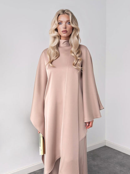 Elegante Hoge Hals Drapé Top En Wijde Broek Set