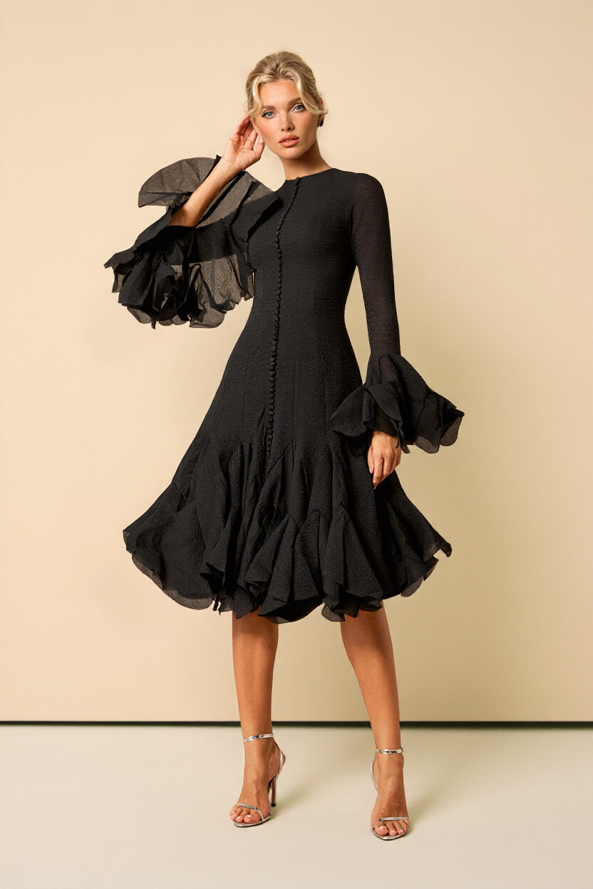 Elegante Zwarte Midi-jurk met Rimpelrand en Belmouwen