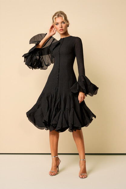 Elegante Zwarte Midi-jurk met Rimpelrand en Belmouwen