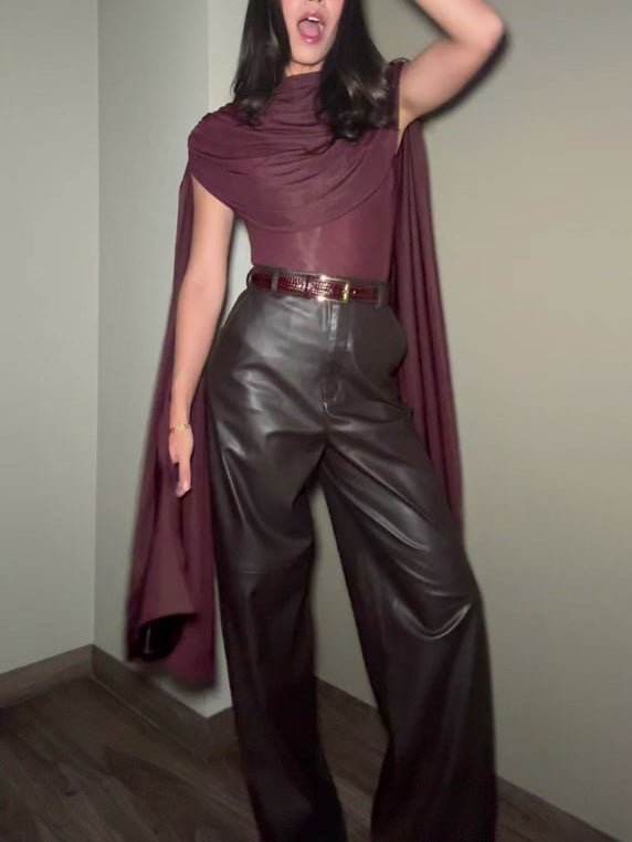 Elegante Drapé Top En Wijde Nep Leer Broek Twee-delige Set