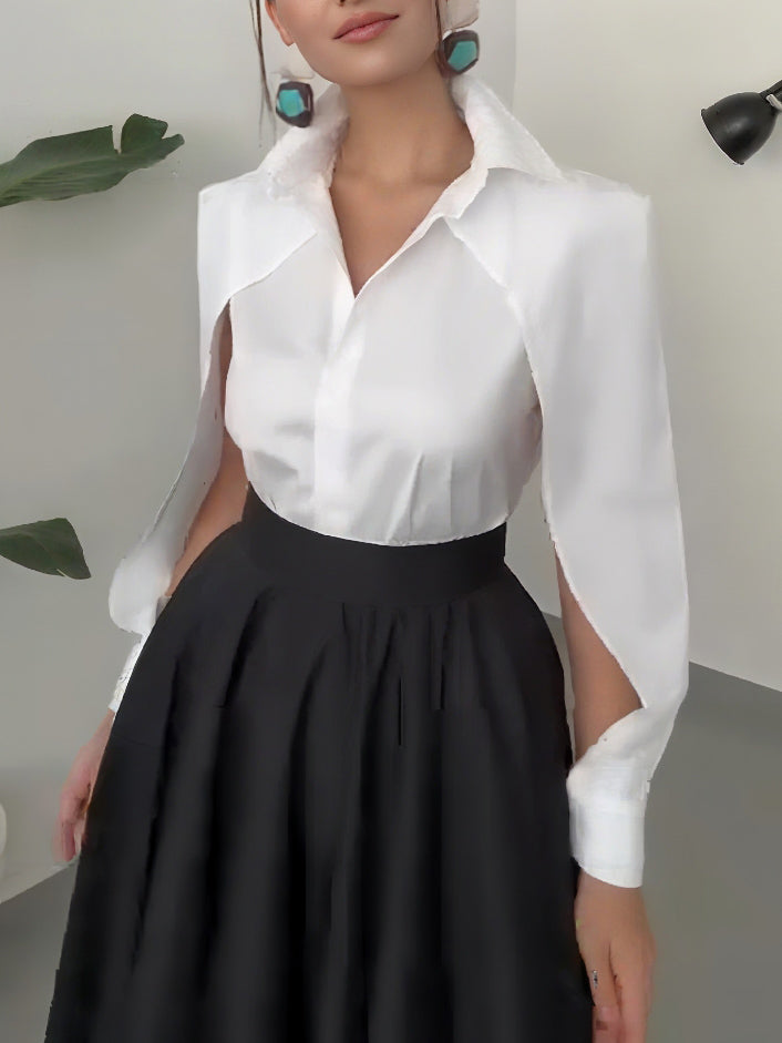 Elegante Cape-Schouder Shirt En Asymmetrische A-Lijn Midi Rok Set