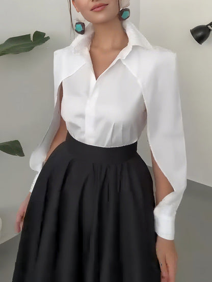 Elegante Cape-Schouder Shirt En Asymmetrische A-Lijn Midi Rok Set