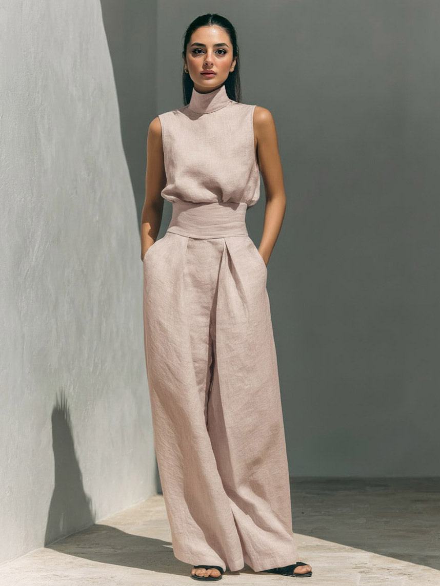 Elegante Linnen Top met Hoge Hals & Brede Pijpen Twee-Piece Set