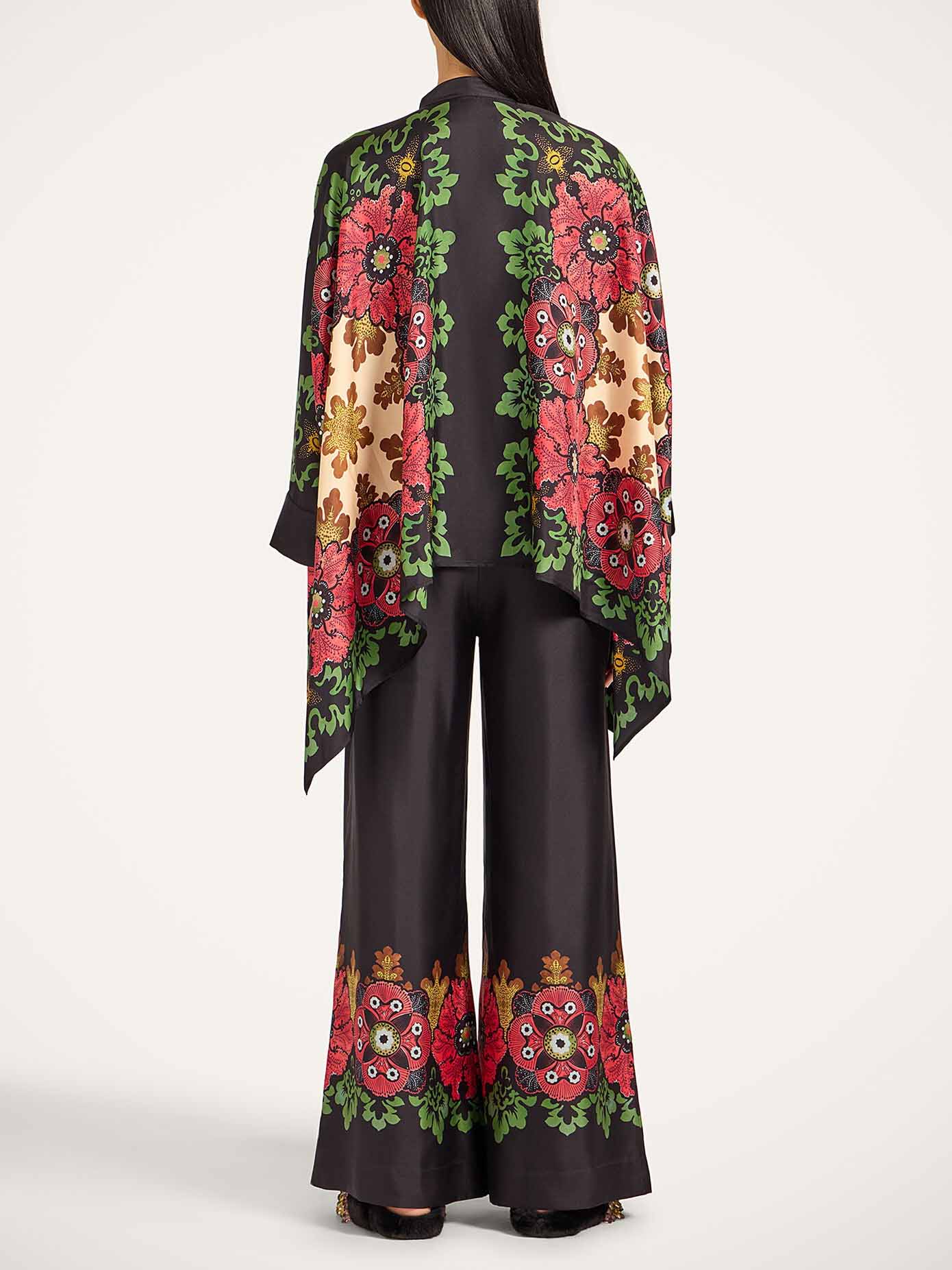 Exquisite Satin Floral Print Kimono Shirt Twee-Delige Set