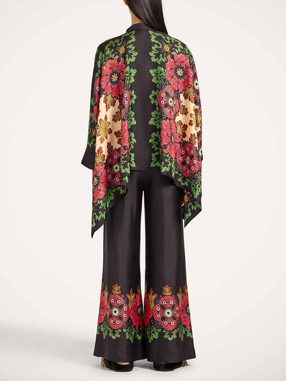 Exquisite Satin Floral Print Kimono Shirt Twee-Delige Set