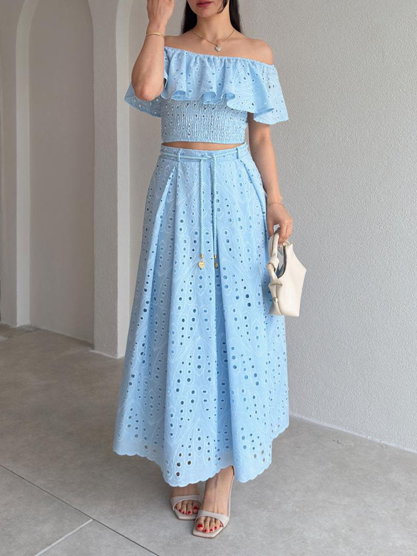 Exquise Uitgesneden Borduursel Off-Shoulder Ruffle Twee-Piece Crop Set