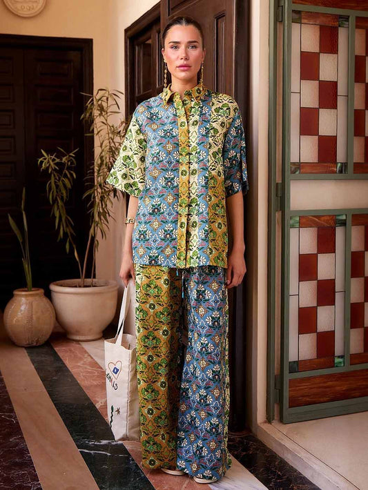 Retro Kunstprint Shirt & Brede Pantalon Twee-Delige Set