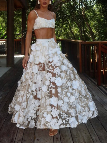 Exquise Bloemgeborduurde Transparante Maxi Rok