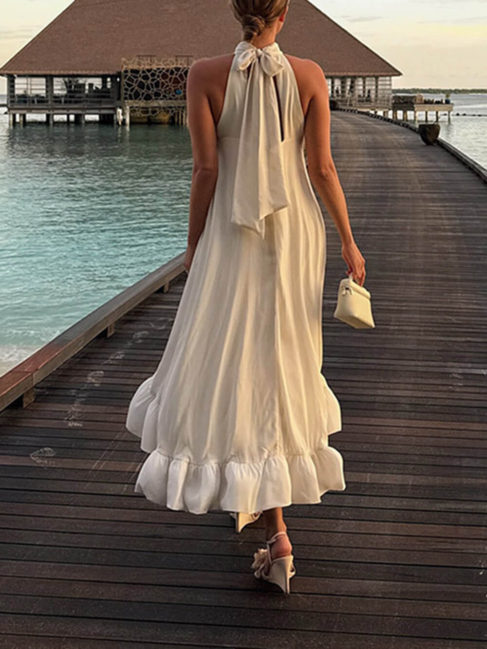 Elegante Rimpel Halter Nek Mouwloze Jurk
