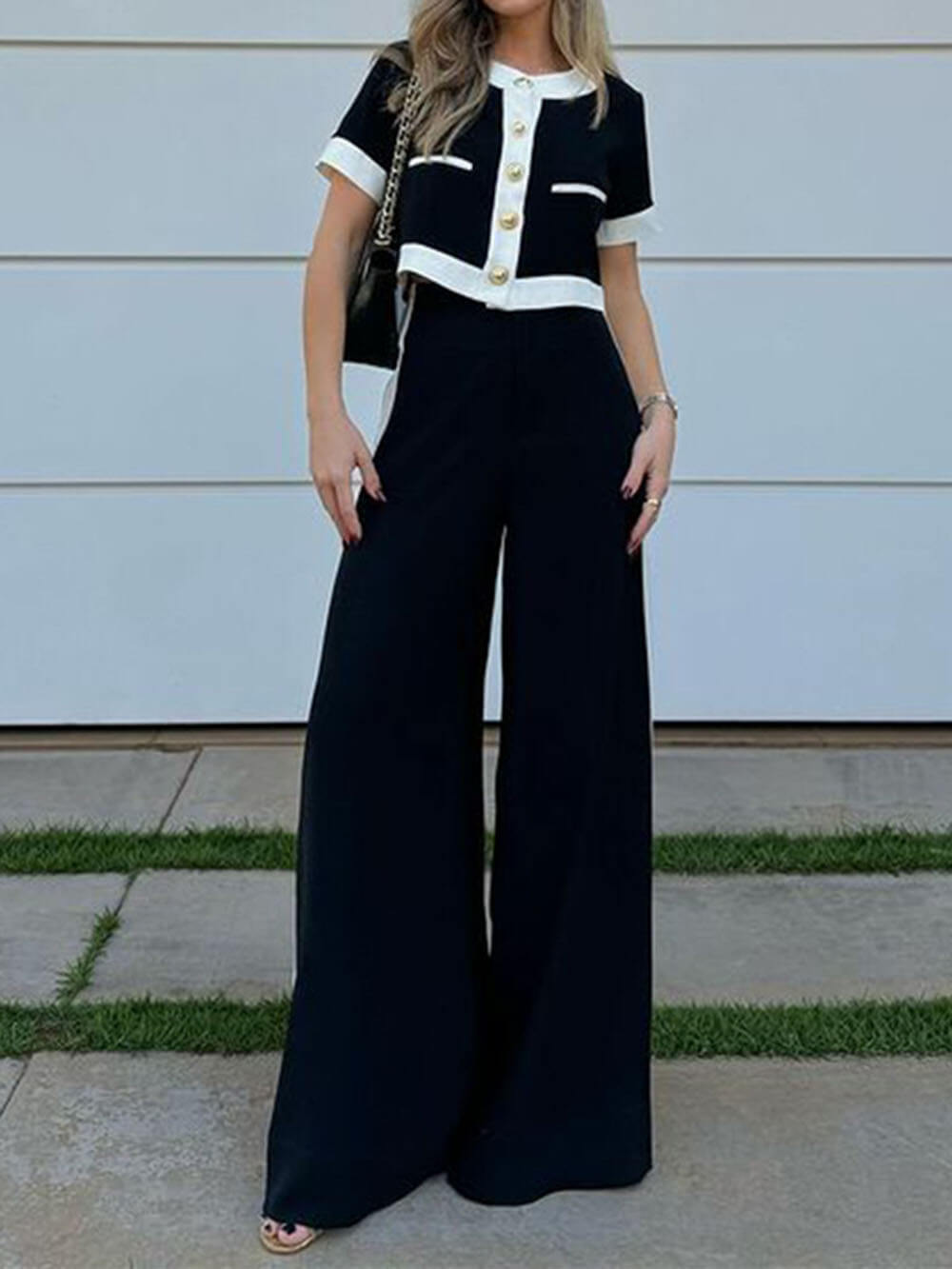 Modieuze Zwart-Wit Patchwork Korte Mouwen Top En Rechte Broek Set