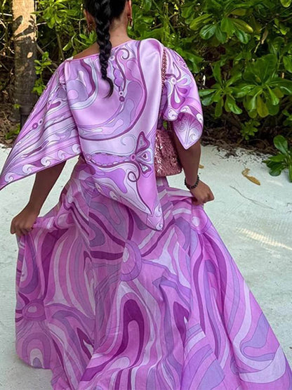 Casual Satijnen Cape Top Met Plaatsing Print En Flared Rok Set