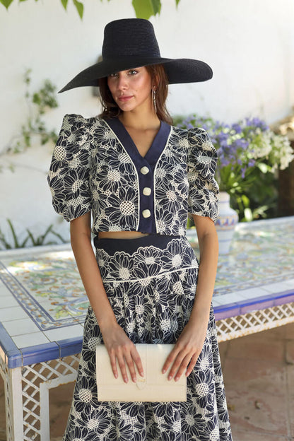 Retro Bloemenprint Puff Mouw Top Hoge Taille Pocket A-lijn Midi Rok Set
