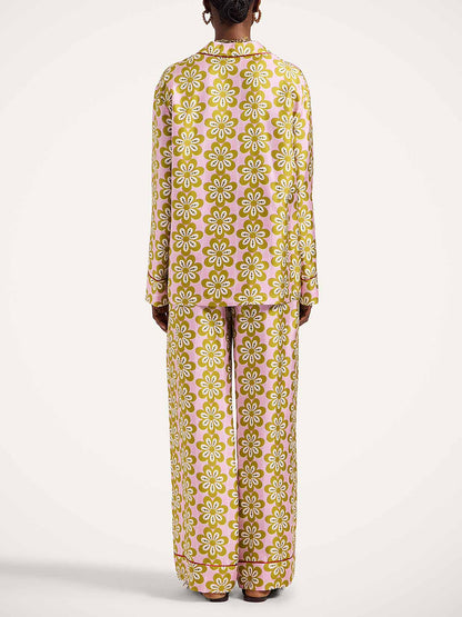 Exquise Satijnen Bloemenprint Lange Mouwen Pyjama Set