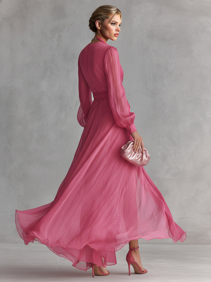 Elegante Chiffon Maxi Jurk met Parelen Versiering en V-Hals met Tailleband
