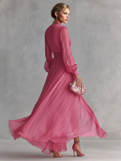 Elegante Chiffon Maxi Jurk met Parelen Versiering en V-Hals met Tailleband