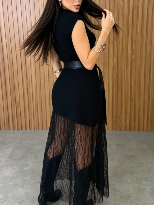 Mouwloze Maxi-jurk met Kantpaneel