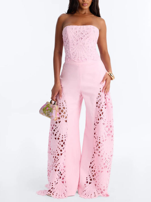 Kant Cut-out Strapless Flare Broek Twee-delige Set