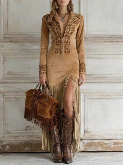 Vintage Western Halve-Rit Suede Franje Jurk