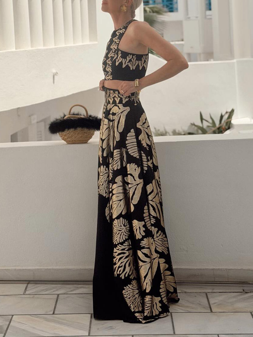 Bohemian Bladprint Crop Top & Maxi Rok Twee-Piece Set