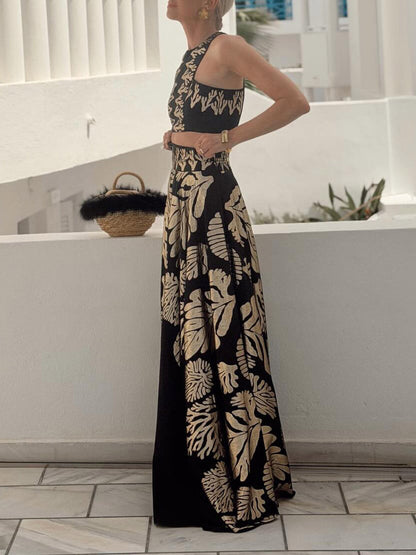 Bohemian Bladprint Crop Top & Maxi Rok Twee-Piece Set