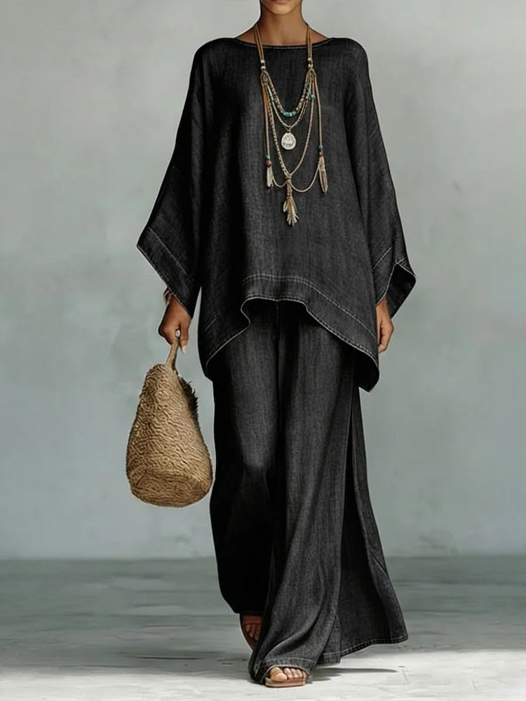 Casual Denim Batwing Asymmetrische Top & Brede Pantalon Set