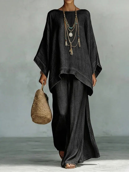 Casual Denim Batwing Asymmetrische Top & Brede Pantalon Set