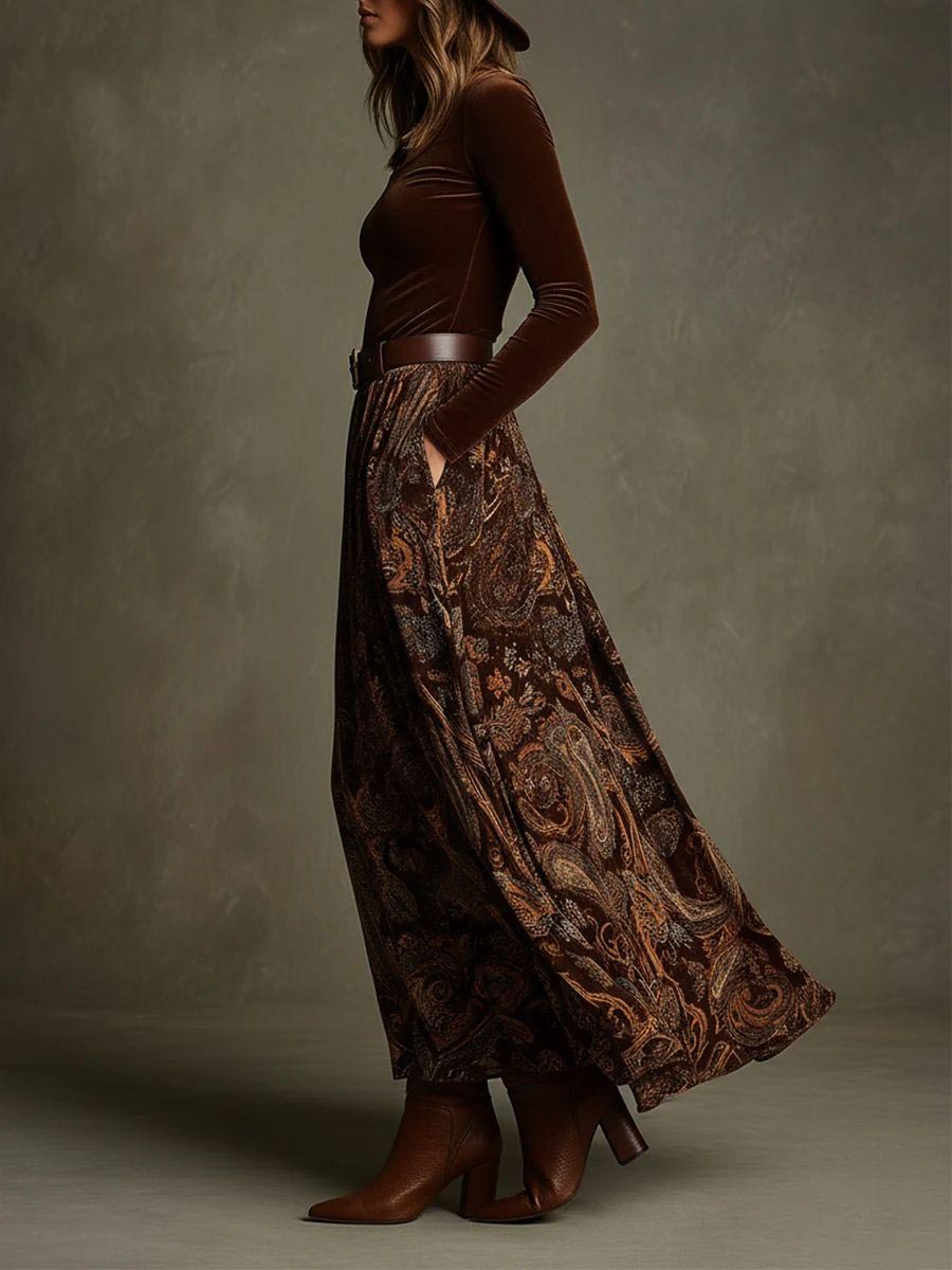 Retro Stretch Velours Top En Paisley Print Maxi Rok Set
