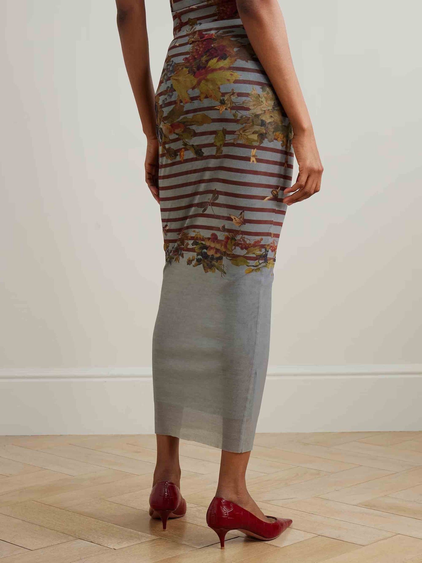Artistieke Bloemenstreep Mesh Top & Midi Rok Twee-delige Set