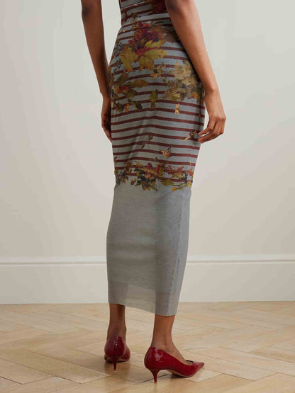 Artistieke Bloemenstreep Mesh Top & Midi Rok Twee-delige Set