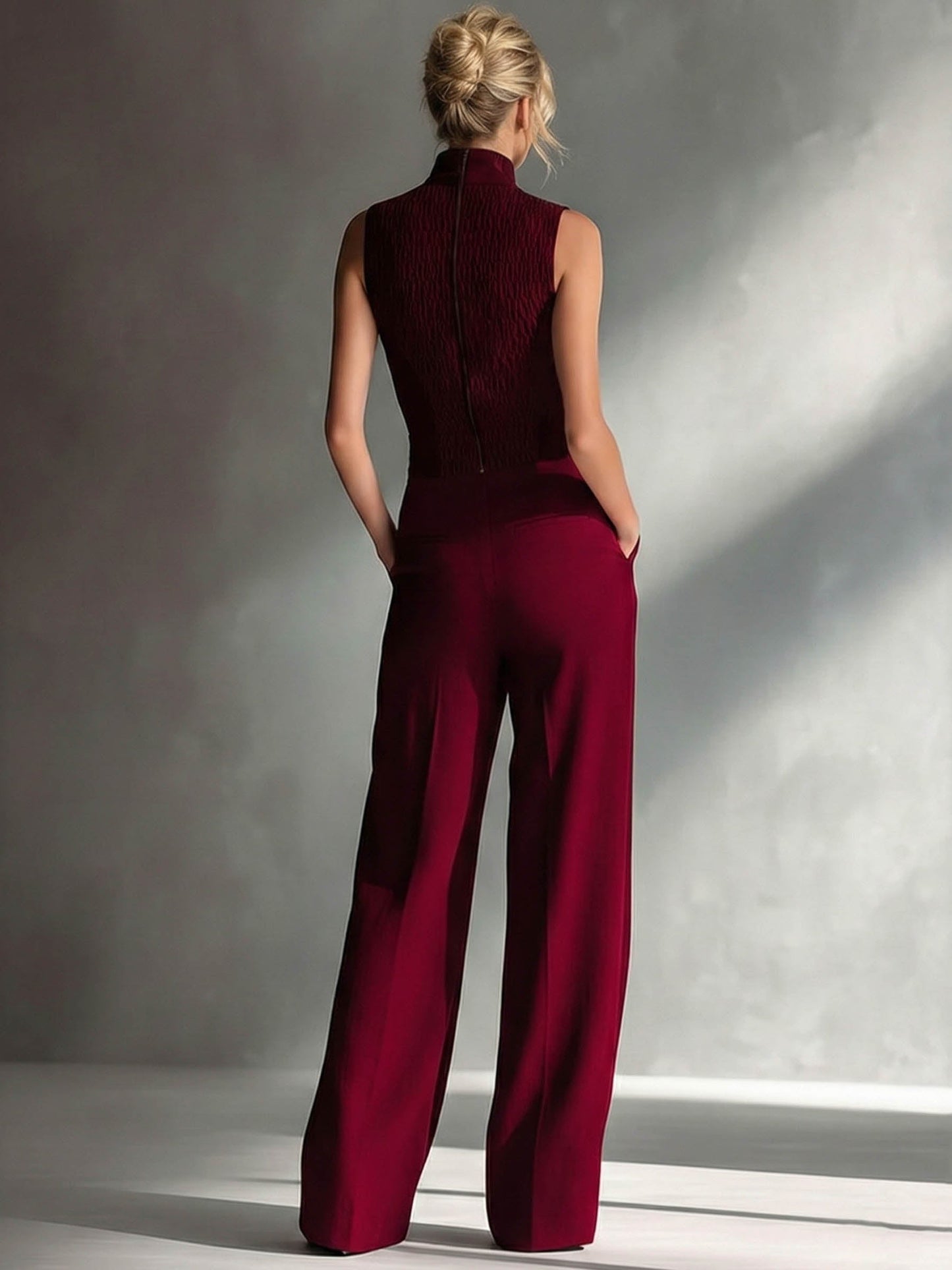 Casual Mouwloze Hoge Hals Wijde Pijp Jumpsuit