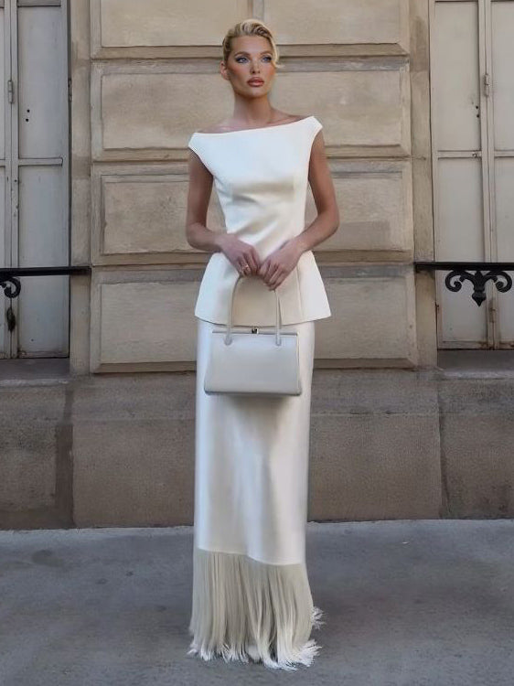 Elegante Satijnen Fringe Hem Rok Tweedelige Set