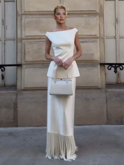 Elegante Satijnen Fringe Hem Rok Tweedelige Set
