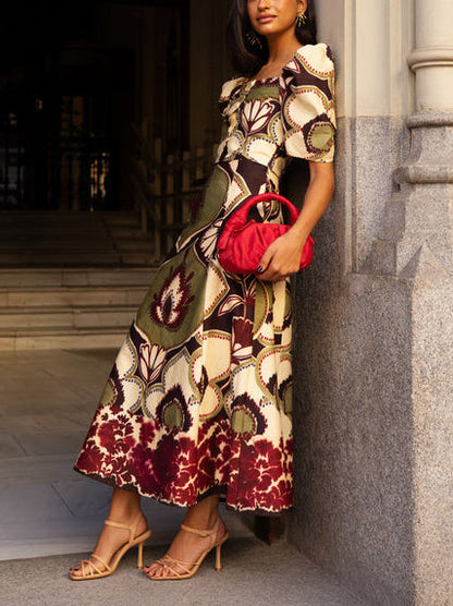 Elegante Retro Bloemen Puff Sleeve Rok Twee-delige Set