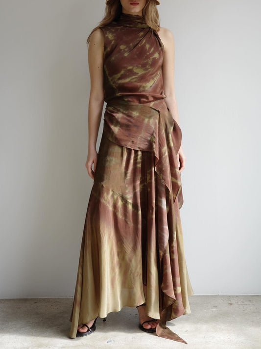 Bruin Ombre Tie-Dye Satijnen Twee-Delige Set